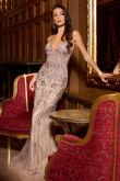 Vestido de fiesta con cuentas Ladivine CD795: vestido de noche de corte sirena con corsé transparente