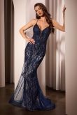 Vestido de fiesta con cuentas Ladivine CD795: vestido de noche de corte sirena con corsé transparente