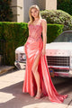 Beaded Corset Satin Evening Gown with High Slit, Sleeveless Formal Prom Dress By Ladivine CD868
