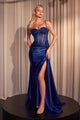 Beaded Corset Satin Evening Gown with High Slit, Sleeveless Formal Prom Dress By Ladivine CD868