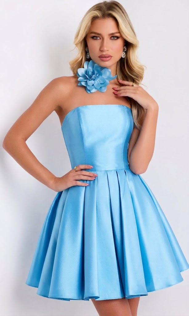 Chic Light-Blue Strapless A-line Dress with Floral Choker by Jovani 45402