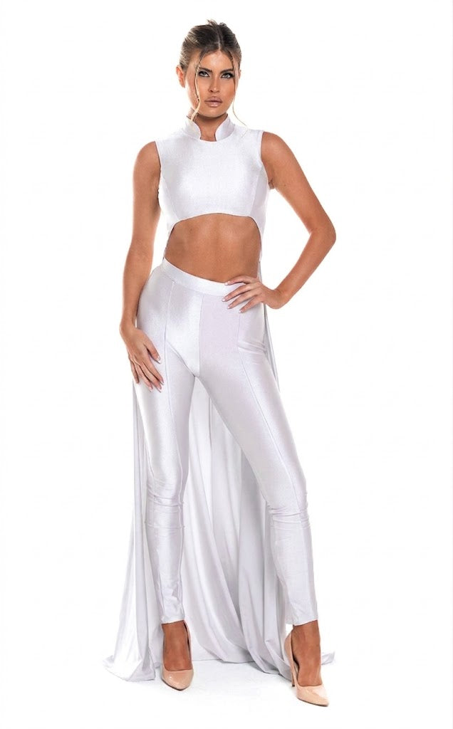 Sleeveless High Neck Cut-Out Jumpsuit with Chiffon Train Fitted Evening Outfit by Jessica Angel 863