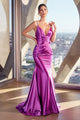 Ladivine CH062 Satin Cowl Neck Ruched Spaghetti Strap Mermaid Gown Formal Evening Dress