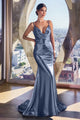 Ladivine CH062 Satin Cowl Neck Ruched Spaghetti Strap Mermaid Gown Formal Evening Dress