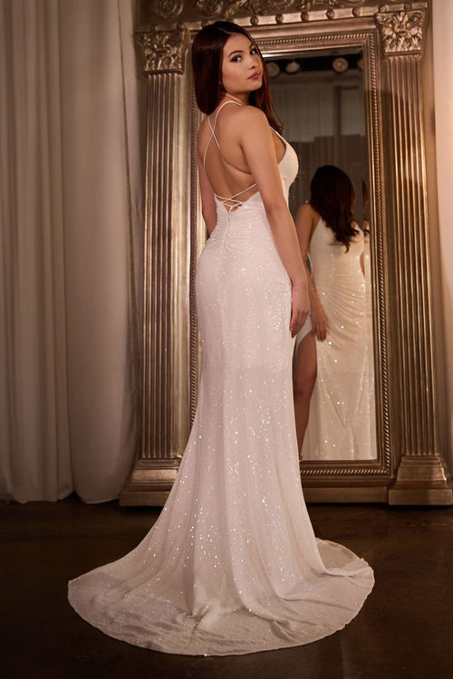 Ladivine CH225W Off White Wedding Dress | Sleeveless Sequin Bridal Gown