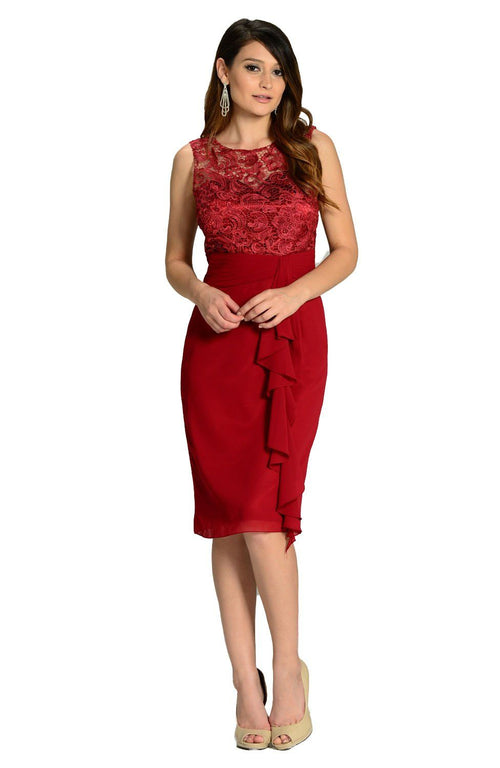 Champagne Knee Length Chiffon Dress with Lace Top by Poly USA-Short Cocktail Dresses-ABC Fashion