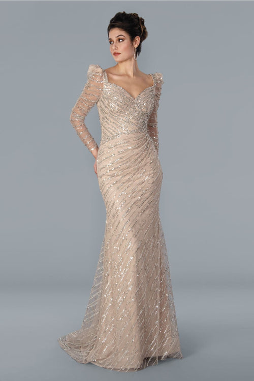 Champagne Mother of Bride Dress Long Sleeve Gown Stella Couture 22365 - Champagne / 10 - Dresses