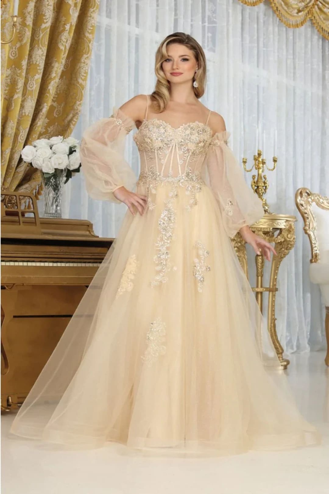 Champagne Wedding Dress Long Bridal Gown and Plus Size By RQ8073 - Champagne / 4