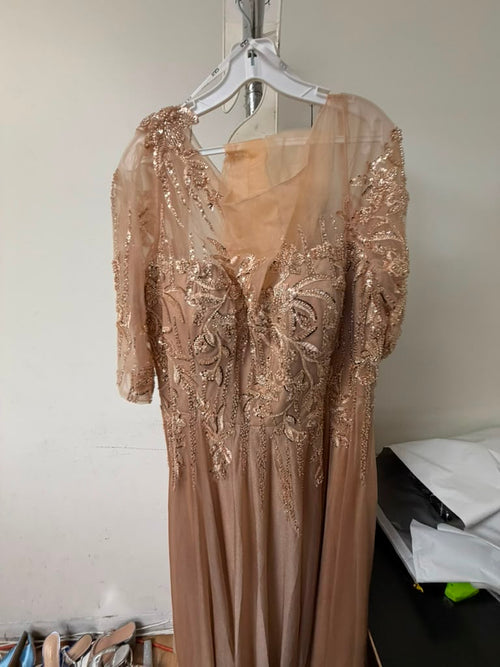 Clearance Champagne Size 4XL Sequin Beaded A-Line Mother of the Bride Formal Gown with Illusion Neckline by GLS GL3788