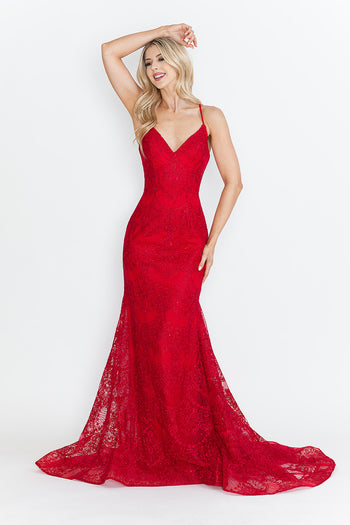 Red Carpet Dress V-Neck Spaghetti Strap Mermaid Gown By Lenovia 8338