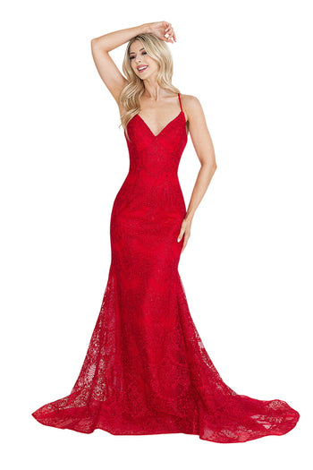 Red Carpet Dress V-Neck Spaghetti Strap Mermaid Gown By Lenovia 8338