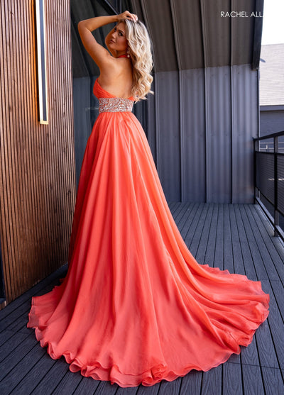 Rachel Allan 50294 Chiffon Halter A-line Slit Gown
