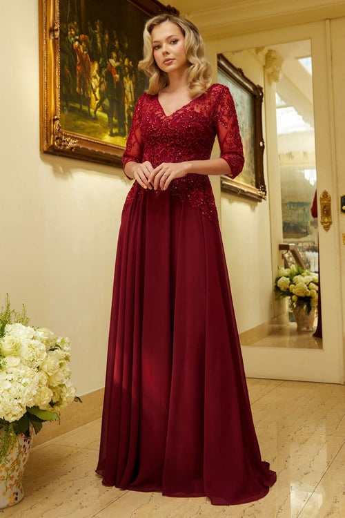 Chiffon Mid-Sleeve A-line Gown by Elizabeth K GL3573 - S / Burgundy - Long Formal Dresses