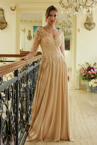 Chiffon Mid-Sleeve A-line Gown by Elizabeth K GL3573 - S / Champagne - Long Formal Dresses