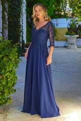 Chiffon Mid-Sleeve A-line Gown by Elizabeth K GL3573 - S / Navy - Long Formal Dresses