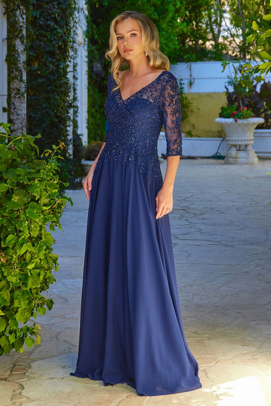 Chiffon Mid-Sleeve A-line Gown by Elizabeth K GL3573 - S / Navy - Long Formal Dresses