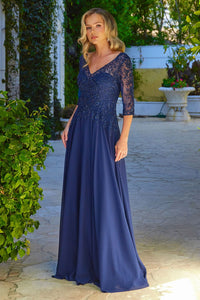 Chiffon Mid-Sleeve A-line Gown by Elizabeth K GL3573 - S / Navy - Long Formal Dresses