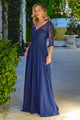Chiffon Mid-Sleeve A-line Gown by Elizabeth K GL3573 - S / Navy - Long Formal Dresses