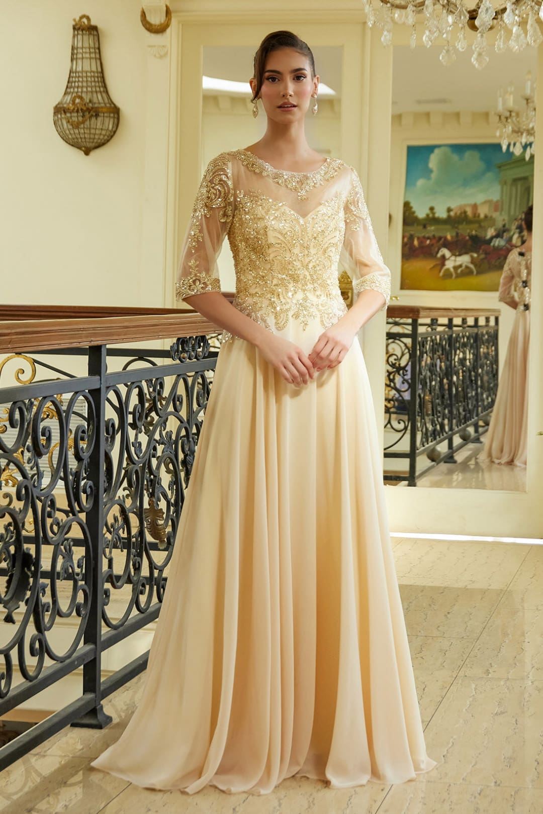 Chiffon Mid-Sleeve A-line Gown by GLS Gloria GL3599 - S / Champagne - Long Formal Dresses