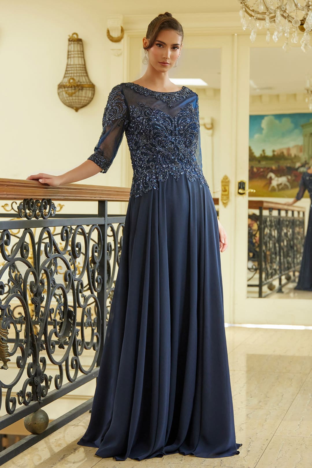 Chiffon Mid-Sleeve A-line Gown by GLS Gloria GL3599 - S / Navy - Long Formal Dresses