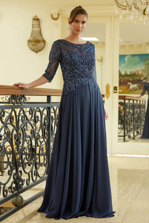 Chiffon Mid-Sleeve A-line Gown by GLS Gloria GL3599 - S / Navy - Long Formal Dresses