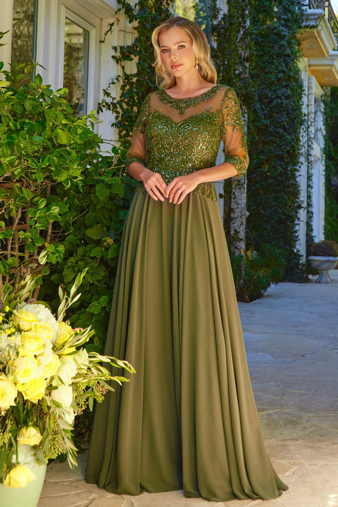 Chiffon Mid-Sleeve A-line Gown by GLS Gloria GL3599 S Olive