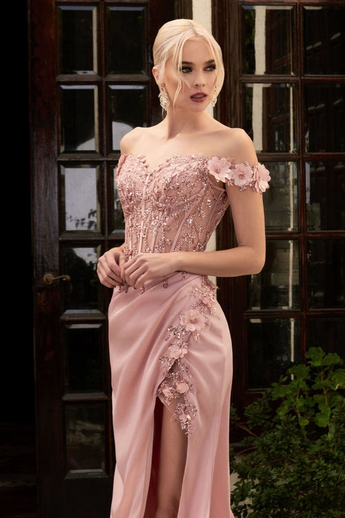 Cincerella Divine CD0186 Floral Off The Shoulder Gown - BLUSH / XS - Dress