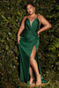 Cinderella Divine 7489 Wrapped Satin Bridesmaids Spaghetti Straps Dress - EMERALD GREEN / 4 - Dress