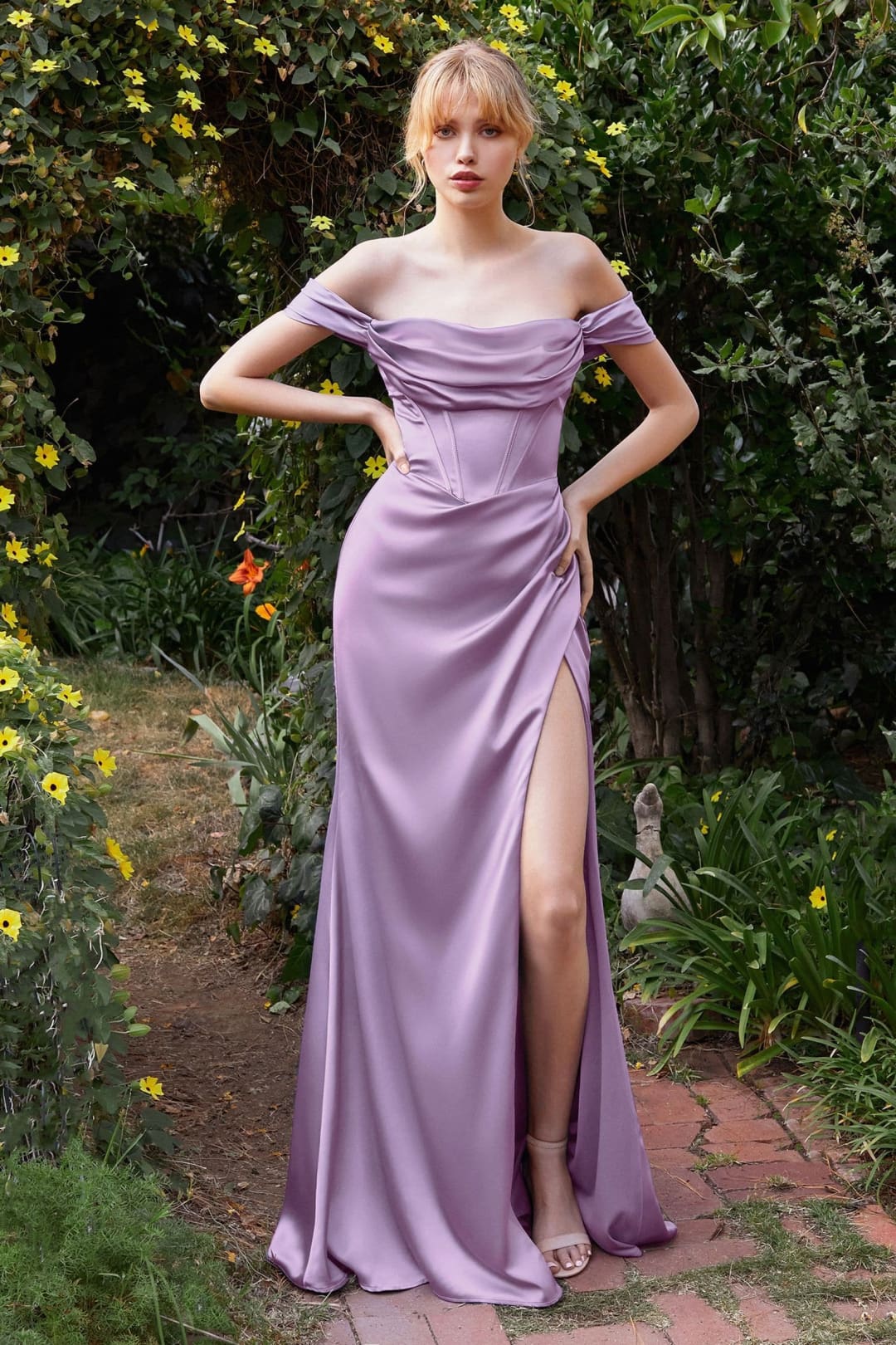 Cinderella Divine 7492 Formal Simple Slit Bridesmaids Evening Gown - LAVENDER / 2 - Dress