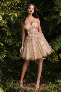 Cinderella Divine 9243 3D Floral Applique Short Sheer Bustier Dress - CHAMPAGNE / XS - Dress