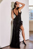 Cinderella Divine 9312 Sequin Feather High Slit Prom Evening Gown - Dress