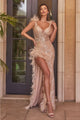 Cinderella Divine 9312 Sequin Feather High Slit Prom Evening Gown - Dress