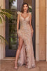 Cinderella Divine 9312 Sequin Feather High Slit Prom Evening Gown - CHAMPAGNE / 2 - Dress