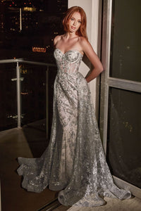 Cinderella Divine CB046 Glitter Floral Prom Gown - SILVER / 2 - Dress