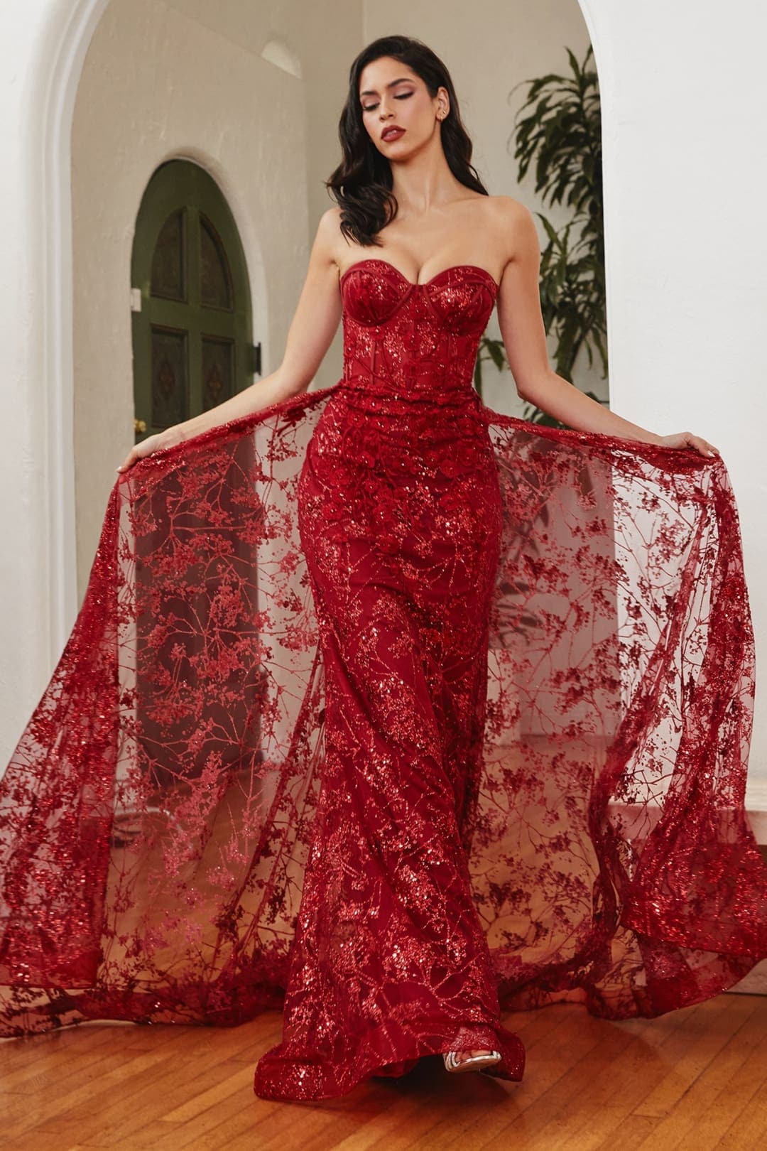 Cinderella Divine CB046 Glitter Floral Prom Gown - DEEP RED / 2 - Dress