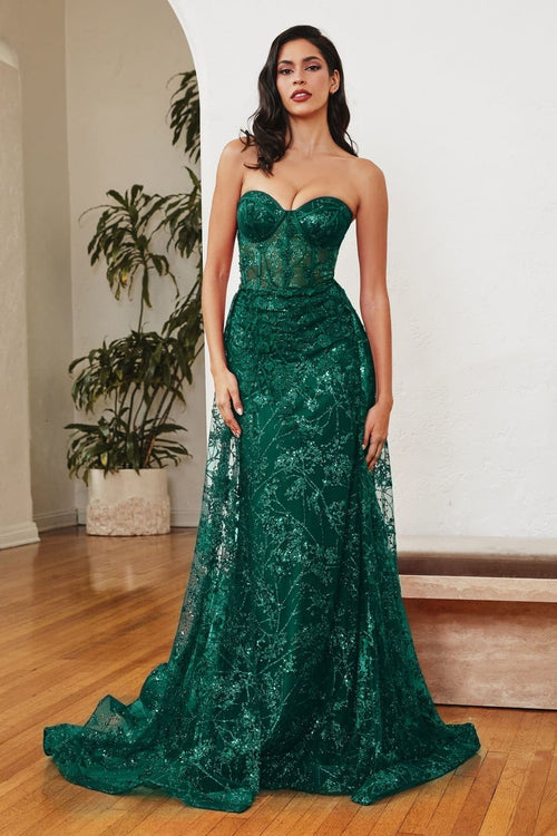 Cinderella Divine CB046 Glitter Floral Prom Gown - EMERALD GREEN / 2 - Dress