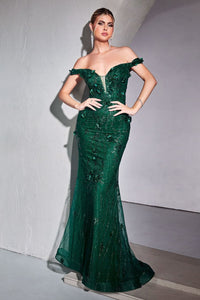 Cinderella Divine CB096 Off Shoulder Glitter Mermaid Prom Dress - EMERALD GREEN / 4 - Dress