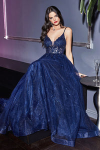 Cinderella Divine CD0154 A-line Pageant Embellished Gown - NAVY BLUE / XXS - Dress