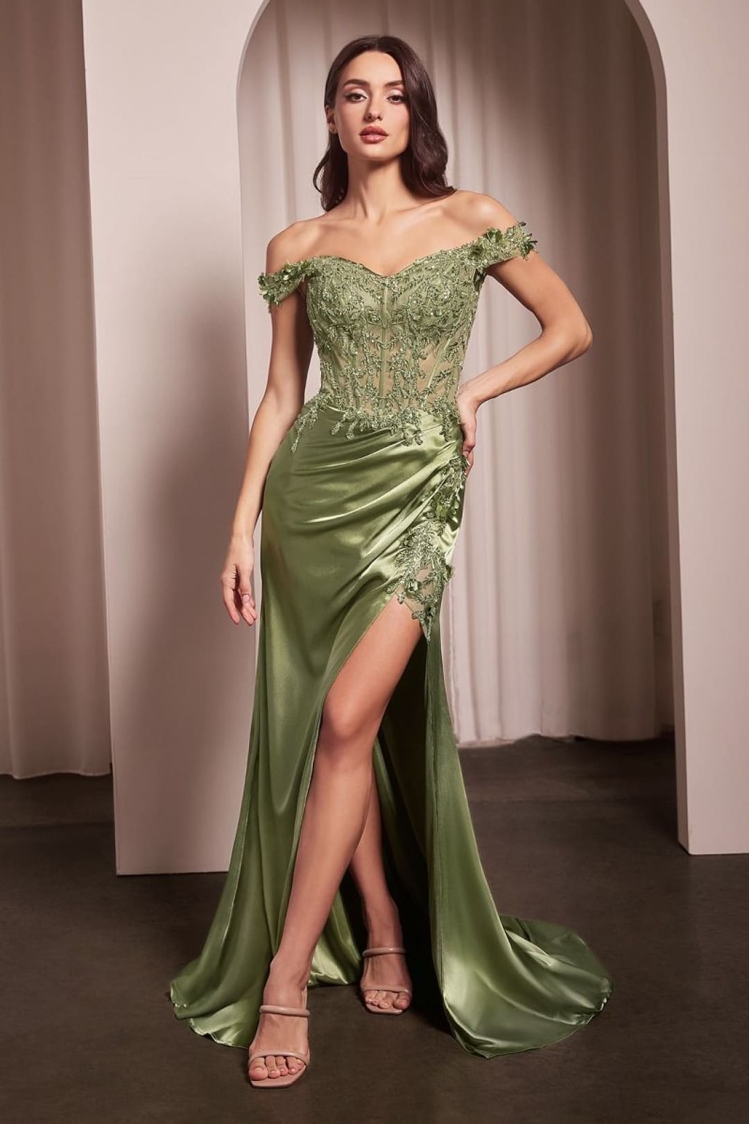 Cinderella Divine CD0186 Sexy Long Off The Shoulder Formal Gown - GREENERY / XS - Dress