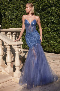 Cinderella Divine CD0214 Sexy Strapless Beaded Bustier Long Prom Dress - LAPIS BLUE / 2 - Dress
