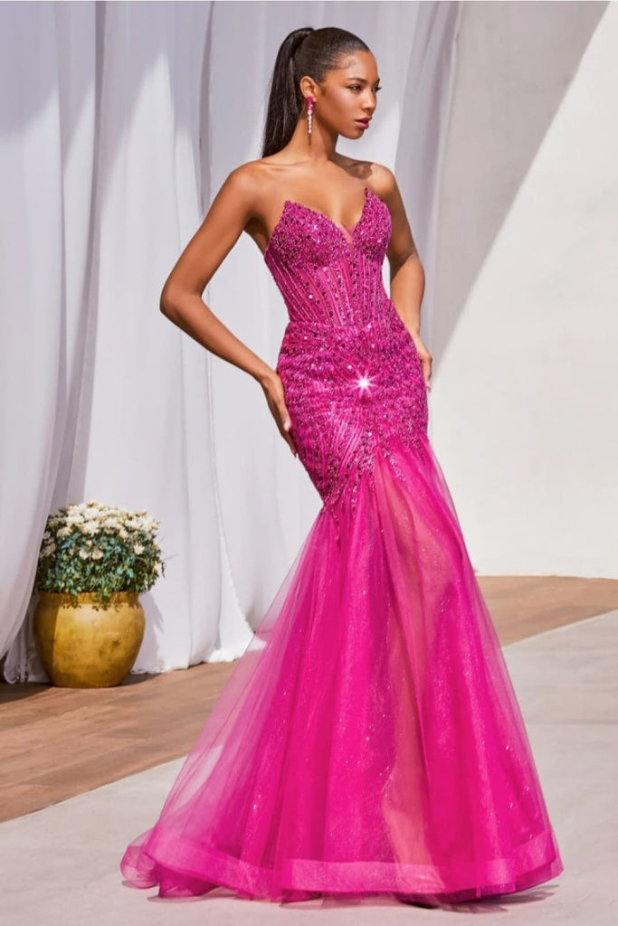 Cinderella Divine CD0214 Sexy Strapless Beaded Bustier Long Prom Dress - MAGENTA / 2 - Dress