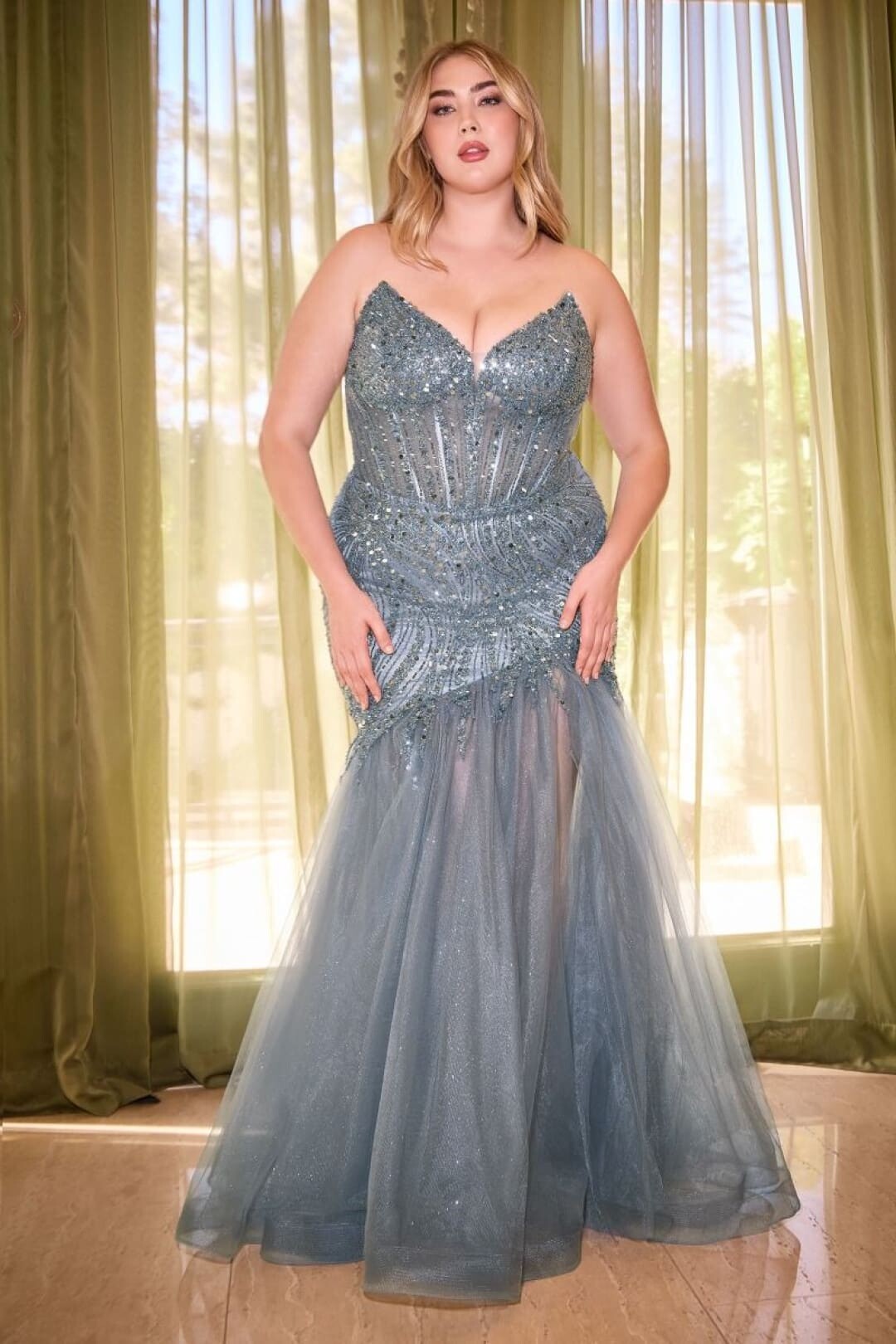 Cinderella Divine CD0214 Sexy Strapless Beaded Bustier Long Prom Dress - SMOKY BLUE / 2 - Dress