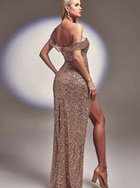 Cinderella Divine CD260 Off Shoulder High Slit Sequin Red Carpet Dress
