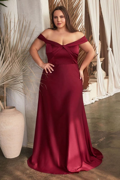 Cinderella Divine CD325 Off Shoulder Simple Satin Bridesmaids Gown - BURGUNDY / 4 - Dress