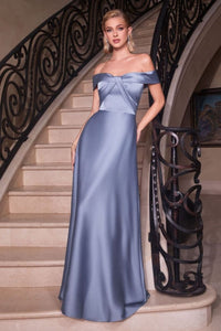 Cinderella Divine CD325 Off Shoulder Simple Satin Bridesmaids Gown - DUSTY BLUE / 4 - Dress