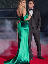 Cinderella Divine CD875 Cold Shoulder Satin Gown