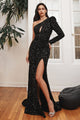 Cinderella Divine CD885 One Sleeve Sequins Cut Out Red Carpet Gown - BLACK / 4 - Dress