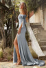 Cinderella Divine CD943 Sexy Stretchy Bow Straps Long Prom Dress - DUSTY BLUE / 4 - Dress