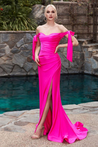 Cinderella Divine CD943 Sexy Stretchy Bow Straps Long Prom Dress - FUCHSIA / 4 - Dress