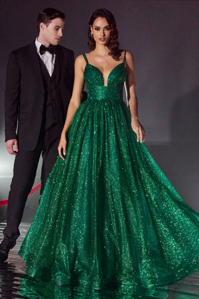 Cinderella Divine CD996 Glitter A-line Dual Straps Pageant Formal Gown - EMERALD GREEN / 2 - Dress